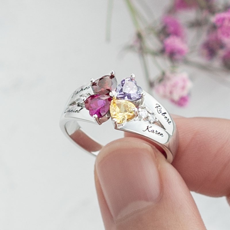 S925 Silver Personalized Engraved Heart-Shaped Birthstones Ring with 1-8 Names