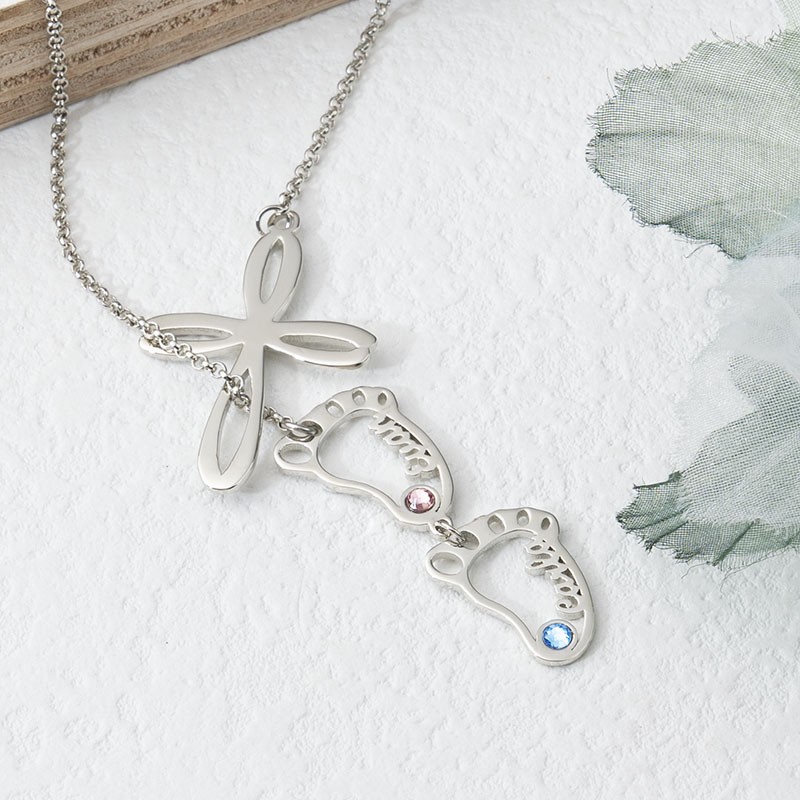 Personalized Mom 1-10 Baby Feet Charms Name Necklace With Birthstone