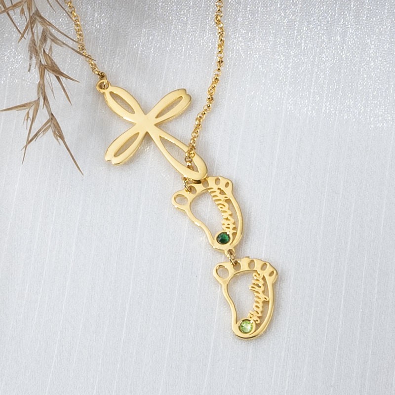 Personalized Mom 1-10 Baby Feet Charms Name Necklace With Birthstone
