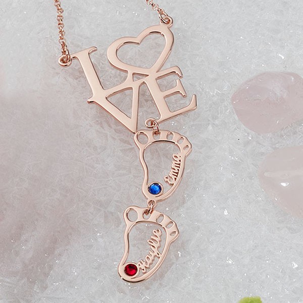 Personalized Baby Feet Charms Name Necklace With Birthstone For Mom Christmas's Day