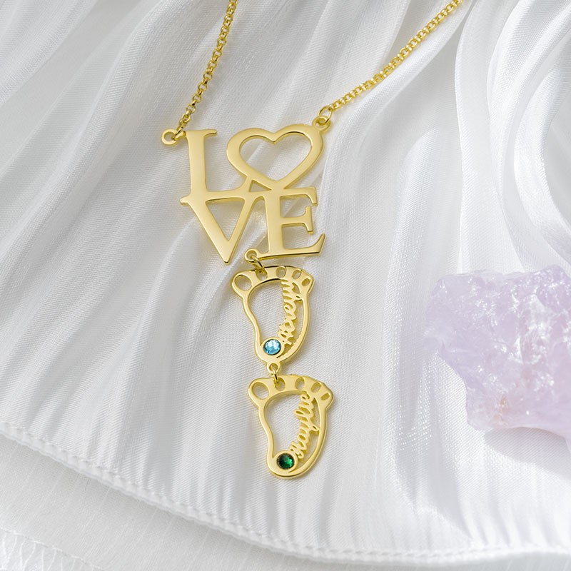 Personalized Baby Feet Charms Name Necklace With Birthstone For Mom Christmas's Day