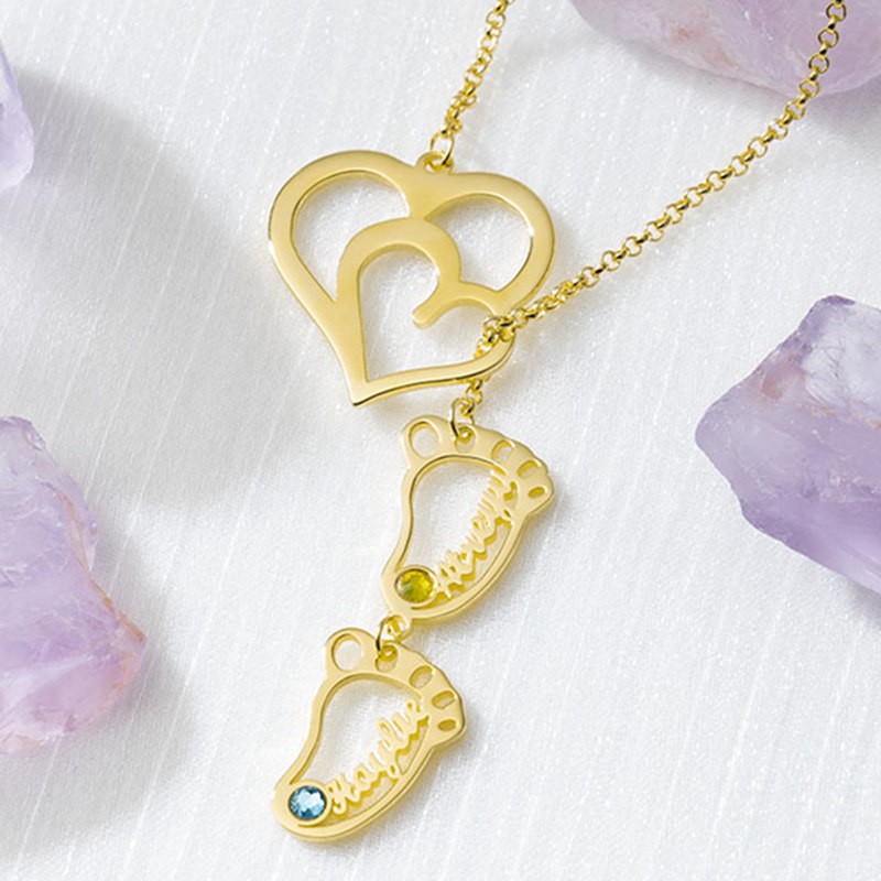 Personalized Baby Feet Charms Name Necklace With Birthstone For Mom Christmas's Day
