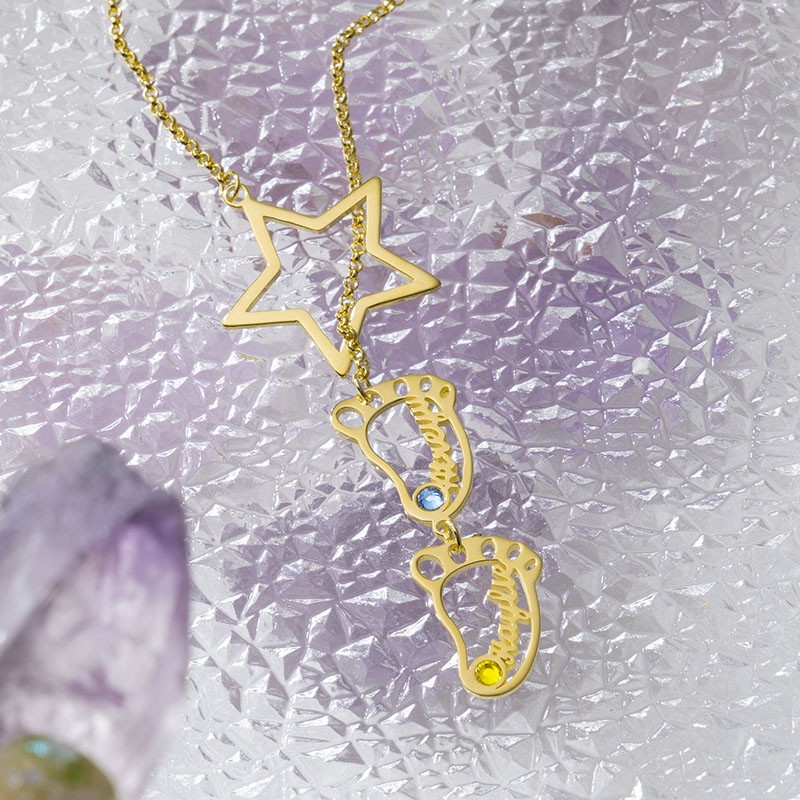 Personalized Baby Feet Charms Name Necklace With Birthstone For Mom Christmas's Day