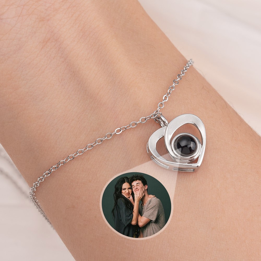 Personalized Memorial Photo Projection Heart Charm Bracelet