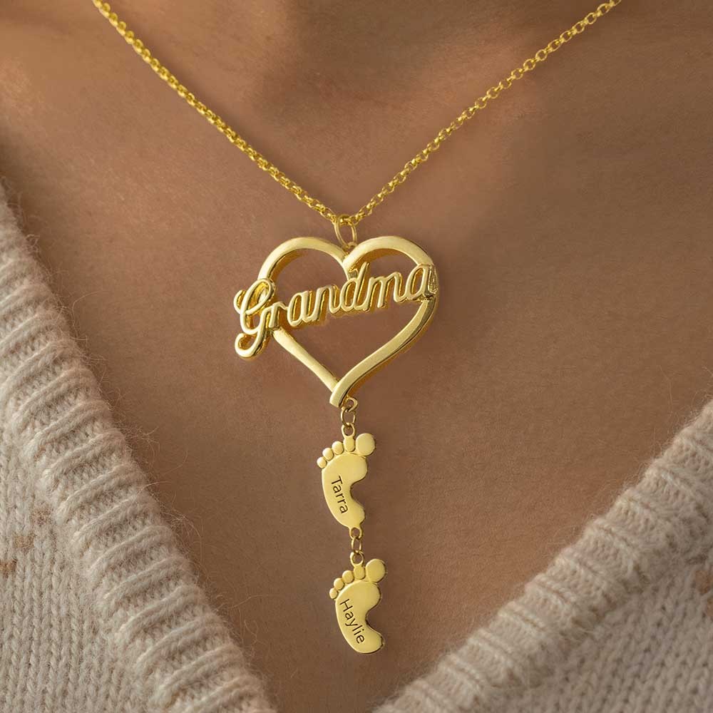 Personalized Grandma Heart Pendant With Baby Feet Name Engraved  Necklace Mother's Day Gift Ideas