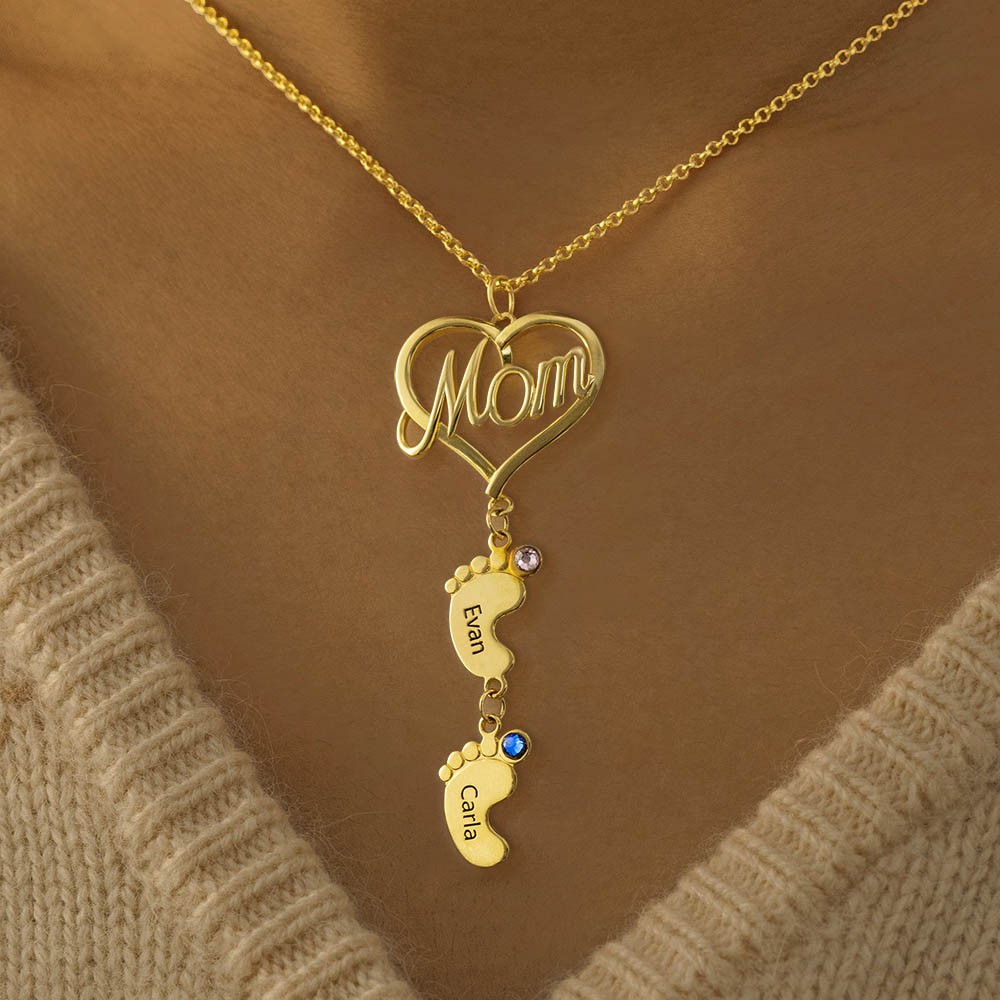 Personalized MOM Heart Pendant With Baby Feet Necklace 1-10 Name and Birthstone For Mother's Day Gift Ideas