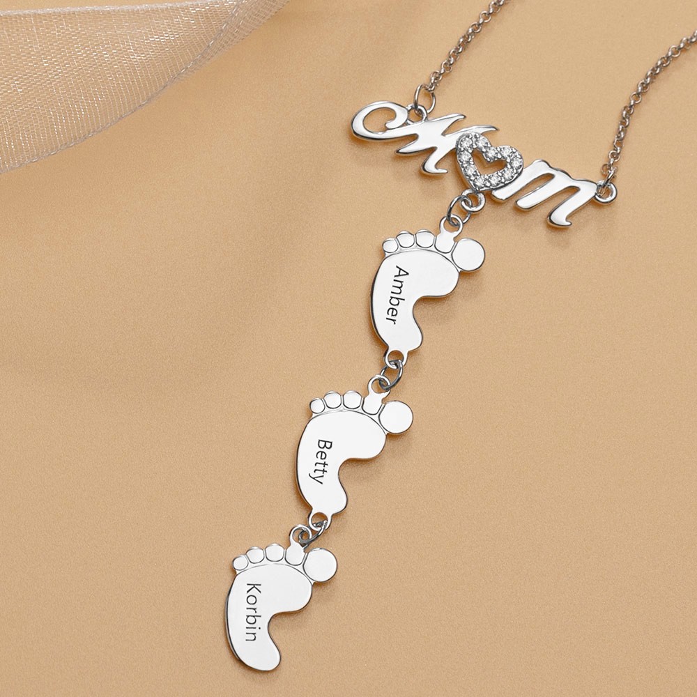 Silver Personalized MoM Heart Engraved Name Necklaces With 1-10 Baby Feet Charms