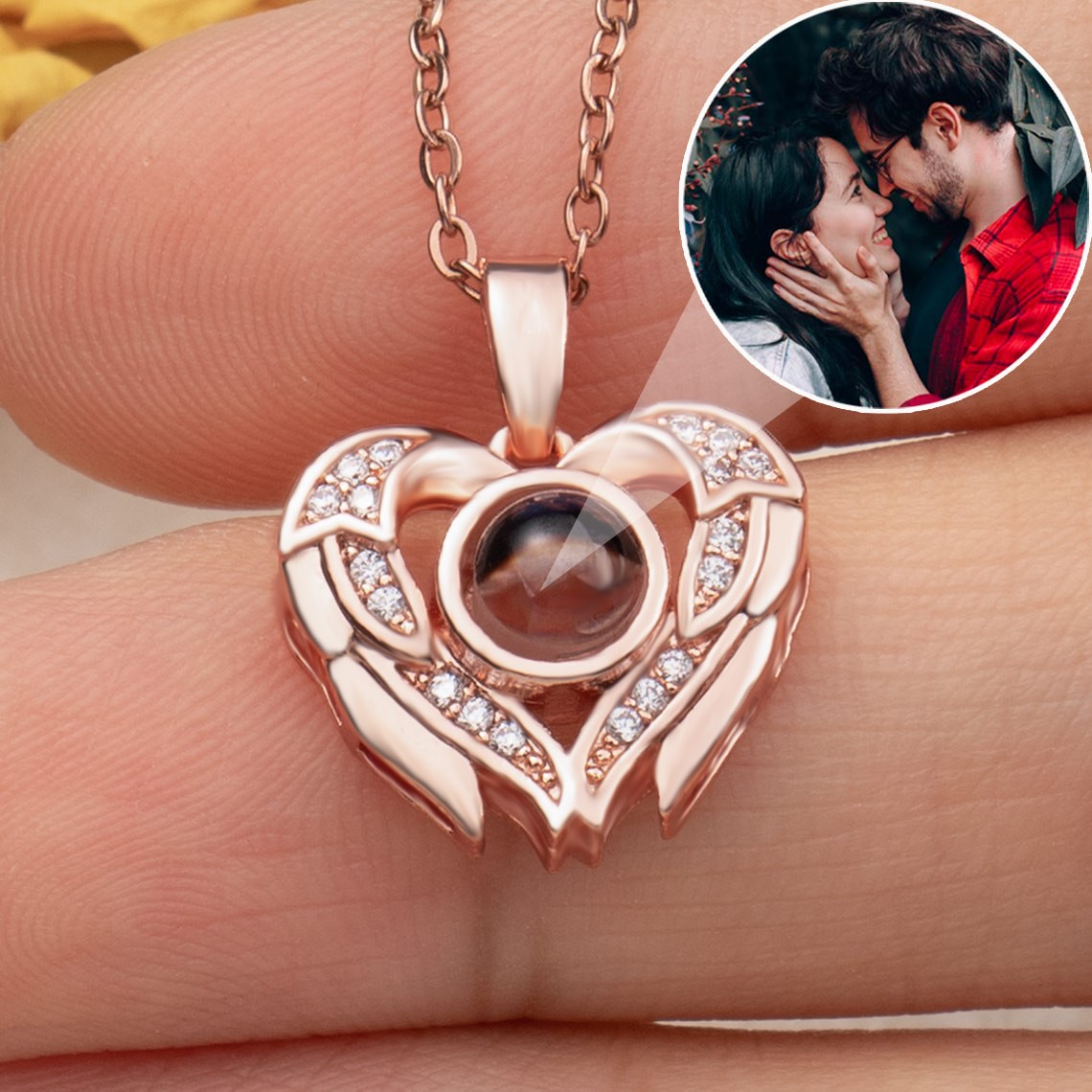 Custom Photo Projection Angel Wing Heart Necklace For Valentine's Day Gift