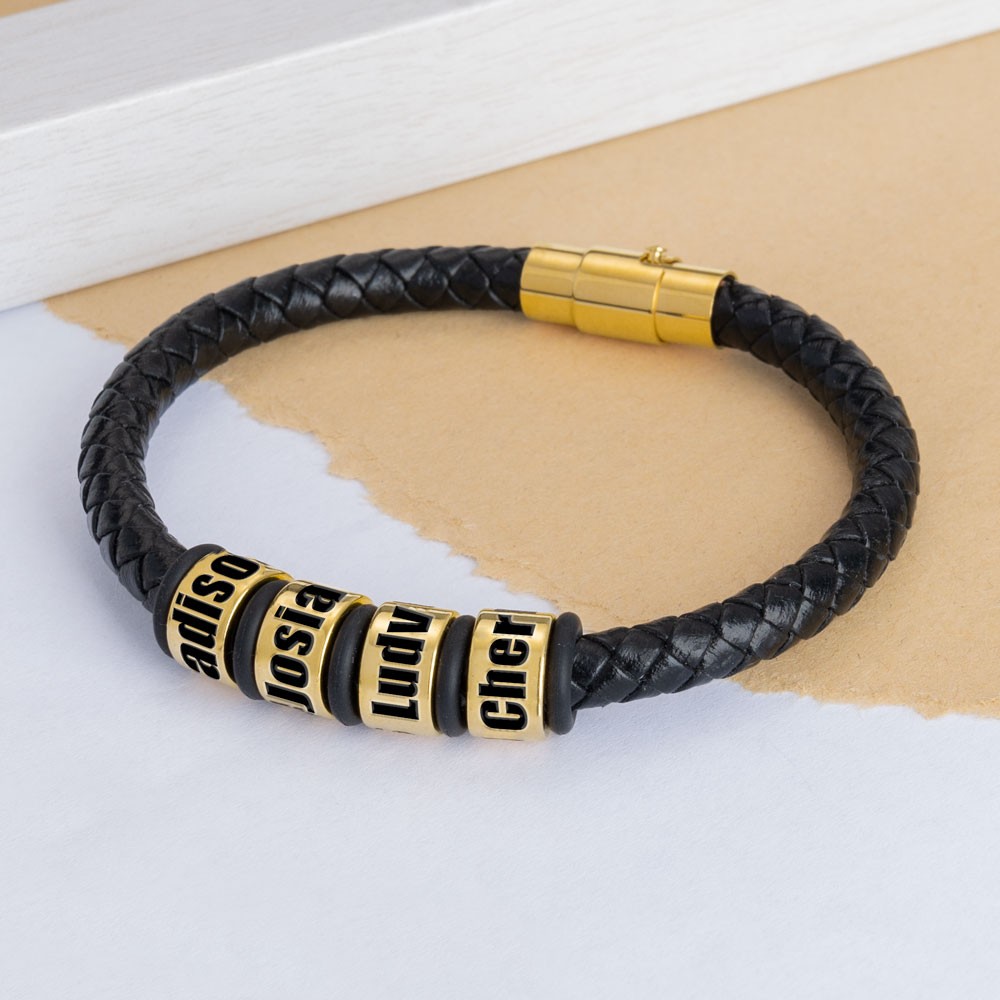 Custom 1-10 Beads With Name Black Leather Men Bracelet For Him Father's Day