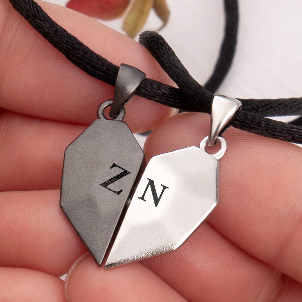 Personalized 2 Pieces Magnetic Patchwork Heart-Shaped Name Necklaces For Her Valentine's Day