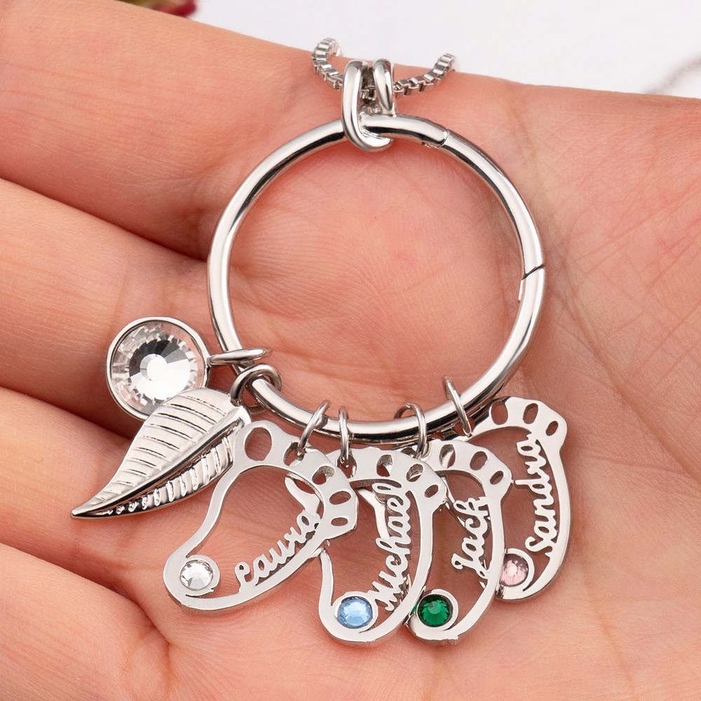 Personalized Baby Feet Name Necklace With Birthstone For Family Mom