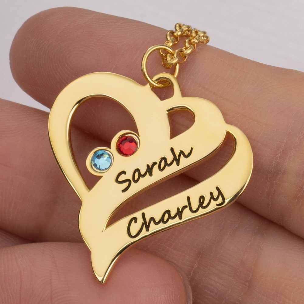 Personalized Heart 2 Names Necklaces With Birthstones For Couple Valentine's Day