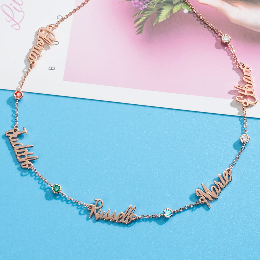 18K Rose Gold Plating Personalized 1-6 Name Necklace With Birthstone