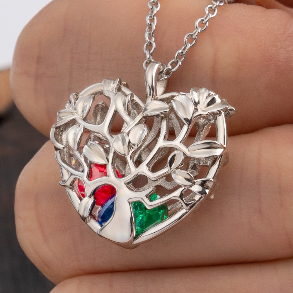 Heart Shape Family Tree Caged Pendant Necklace with 1-8 Birthstones