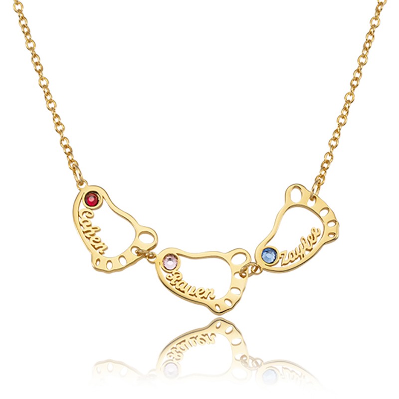 Personalized 1-8 Hollow Baby Feet Engravable Family Name Necklace With Birthstone