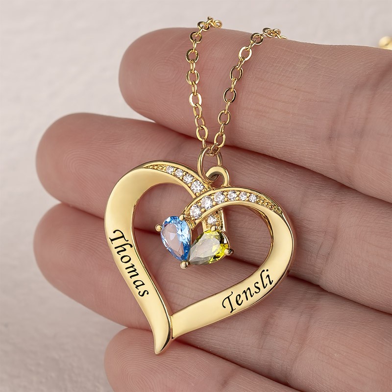 Personalised Couple Names Heart Necklace With Birthstones Valentine's Day Gifts