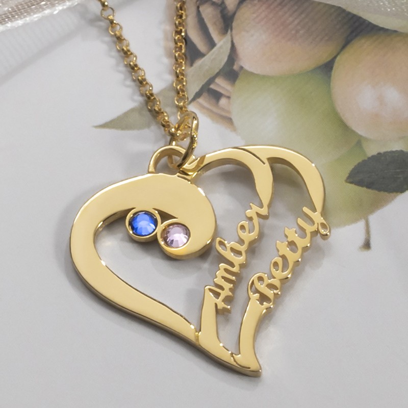 Personalized Heart Couple Names Necklaces With Birthstones Valentine's Day Gift