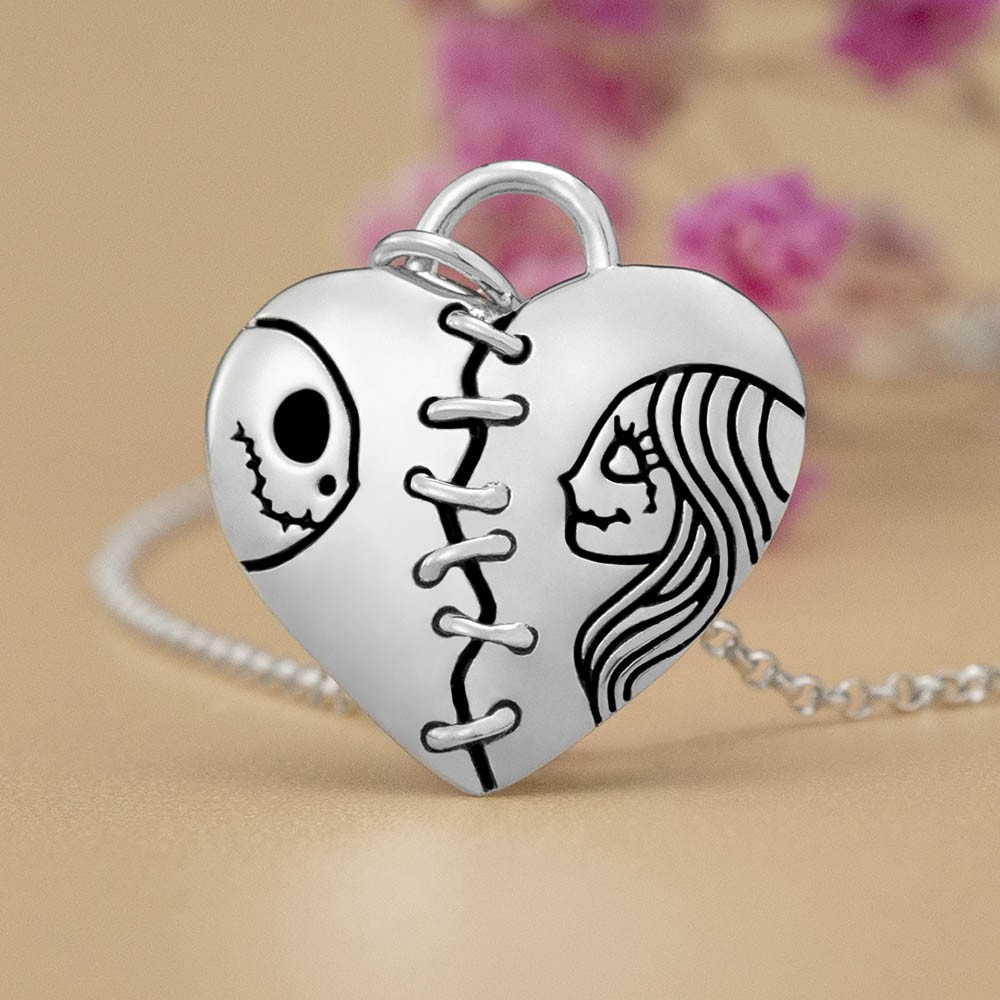 Silver Lovely Heart Jack Skellington and Sally Couple Name Engraving Necklace Valentine's Day Gifts