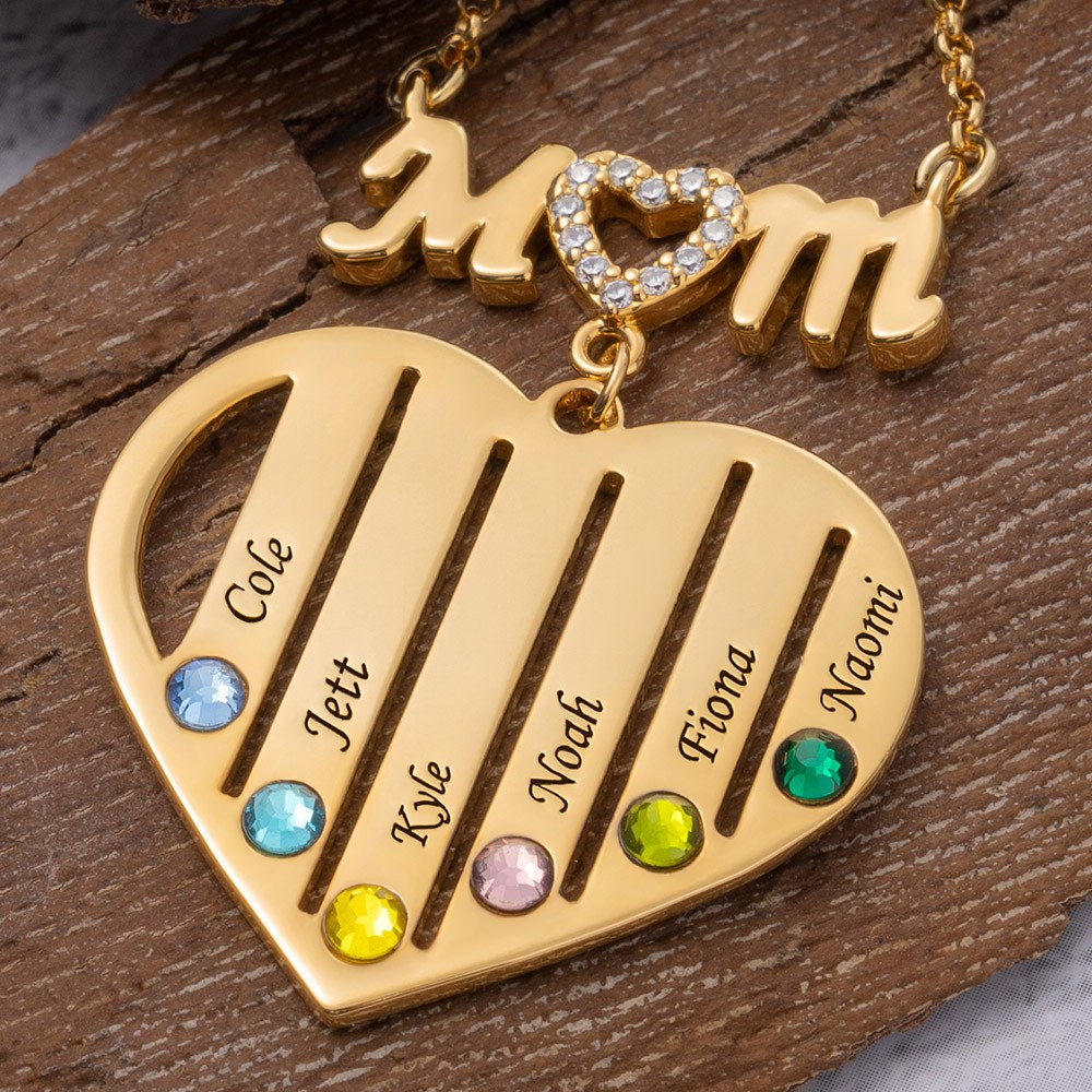 Custom Mom Heart Necklace With Kids Name and Birthstone For Mother's Day Christmas Birthday Gift Ideas