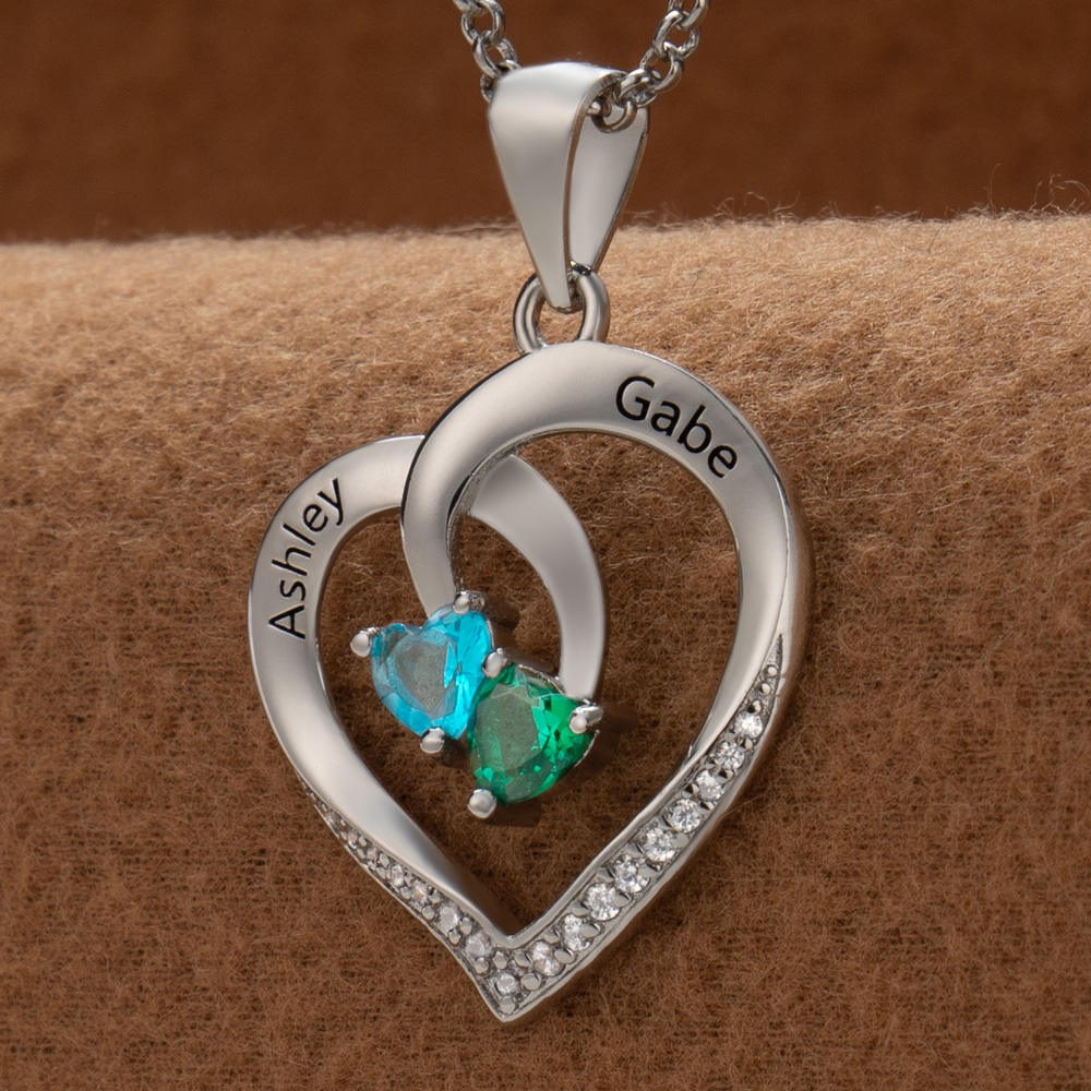 Personalised Couple Names Heart Necklace With Birthstones Valentine's Day Gifts