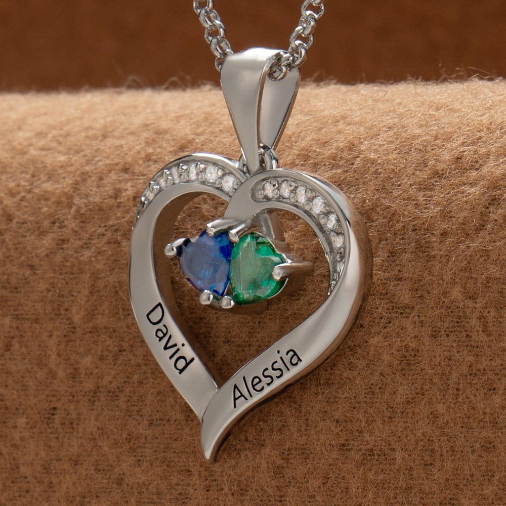 Personalised Couple Names Heart Necklace With Birthstones Valentine's Day Gifts