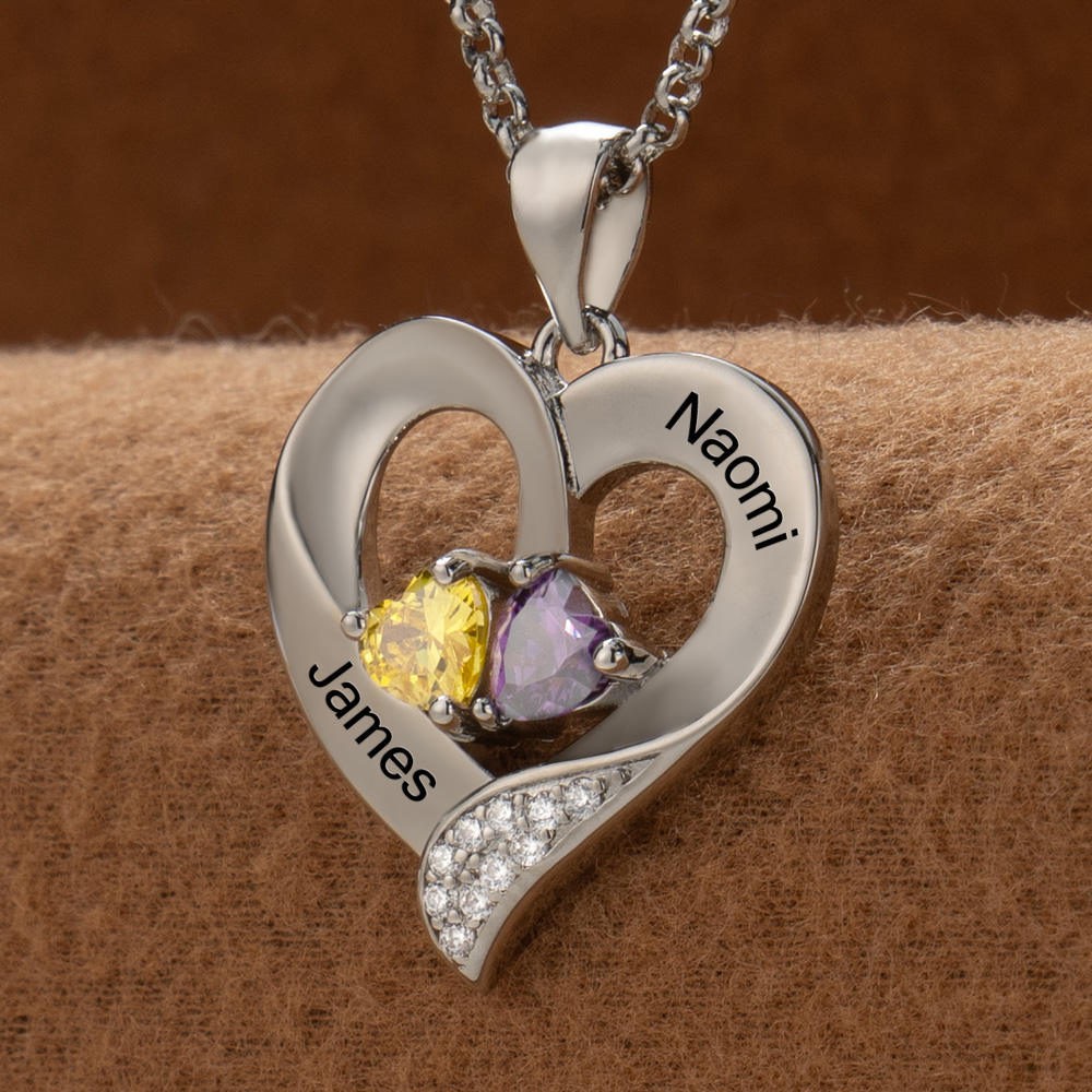 Personalised Couple Names Heart Necklace With Birthstones Valentine's Day Gifts