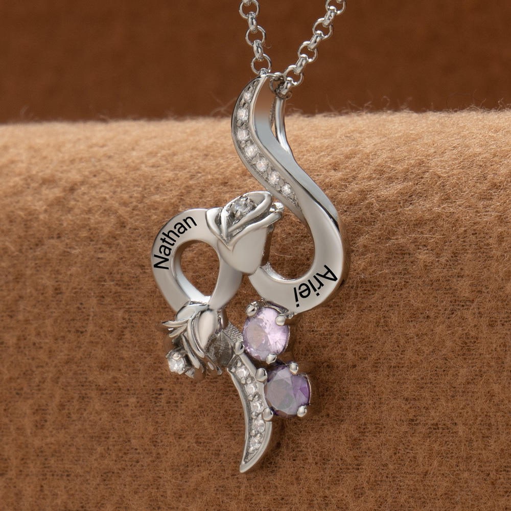 Personalised Couple Names Rose Necklace With Birthstones Valentine's Day Gifts
