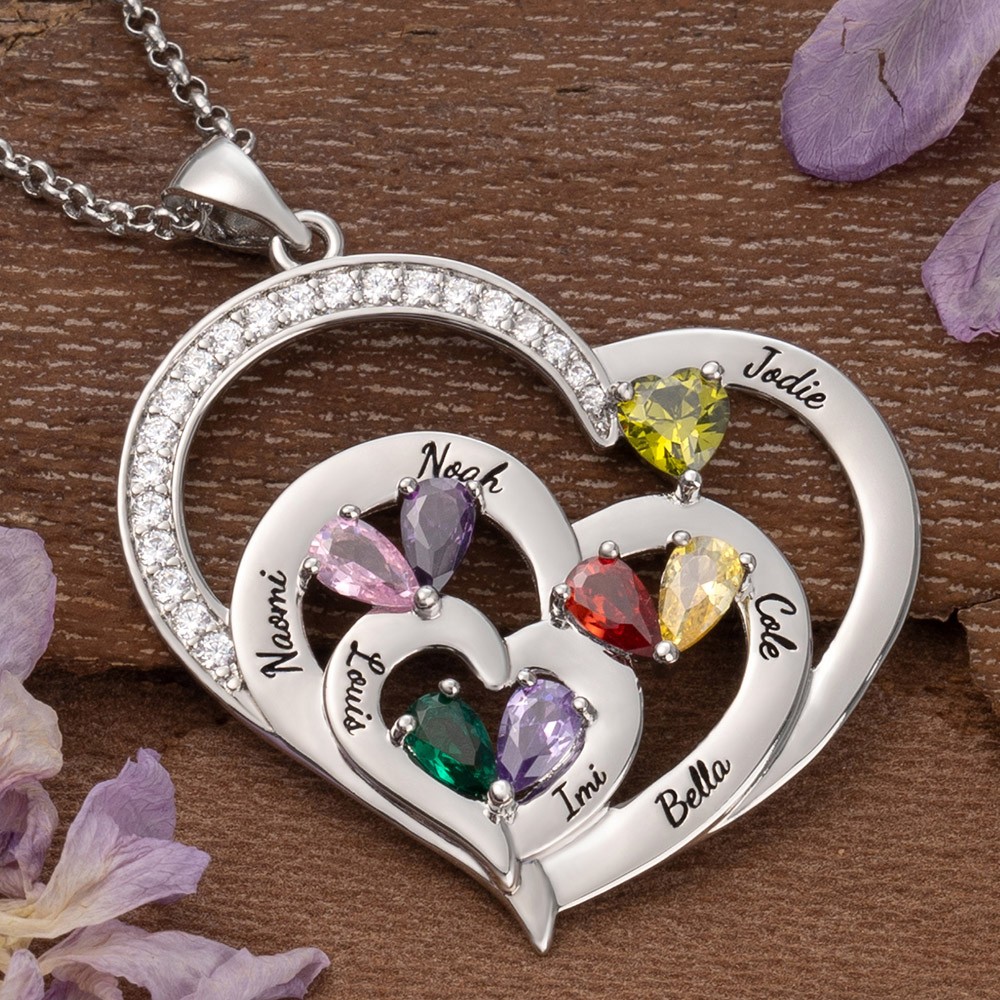 Custom Heart Necklace With 1-10 Name and Birthstones For Mum Grandma Christmas Gift Ideas