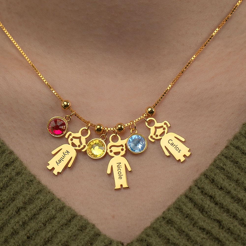 Personalized 1-12 Kids Charms Pendants Names Engraved Necklace With Birthstone
