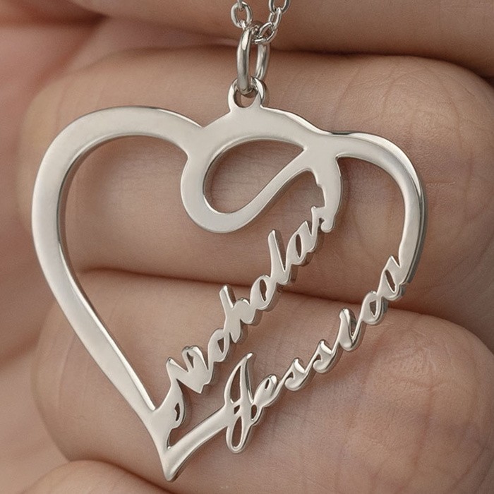 Silver Personalised Heart Couple Name Necklace