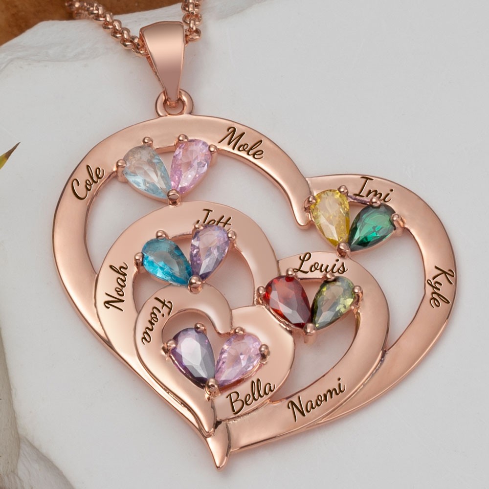 Custom Heart Necklace With 1-10 Name and Birthstones For Grandma Mum Christmas Gift Ideas