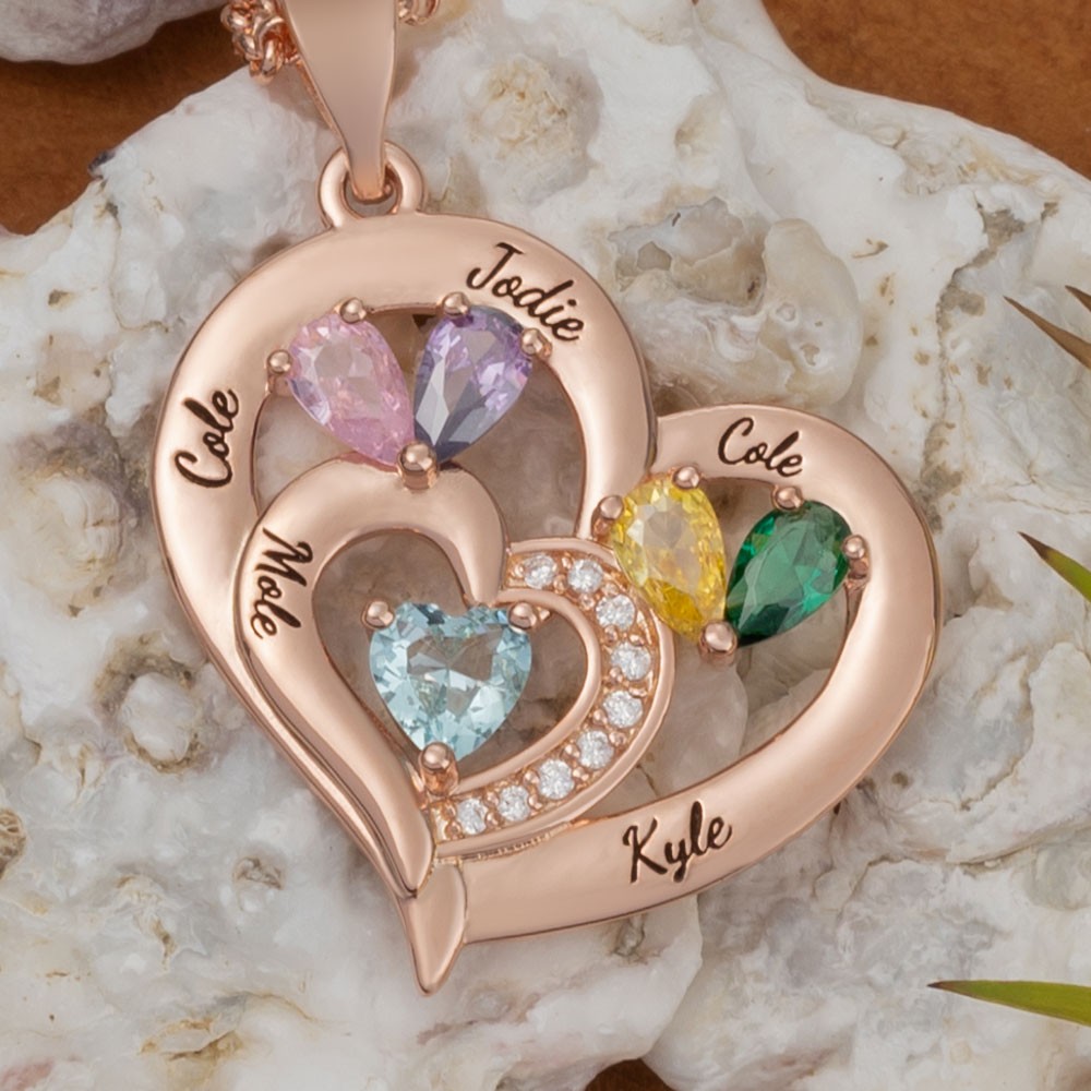 Custom Heart Necklace With 1-10 Name and Birthstones For Mother's Day Christmas Gift Ideas