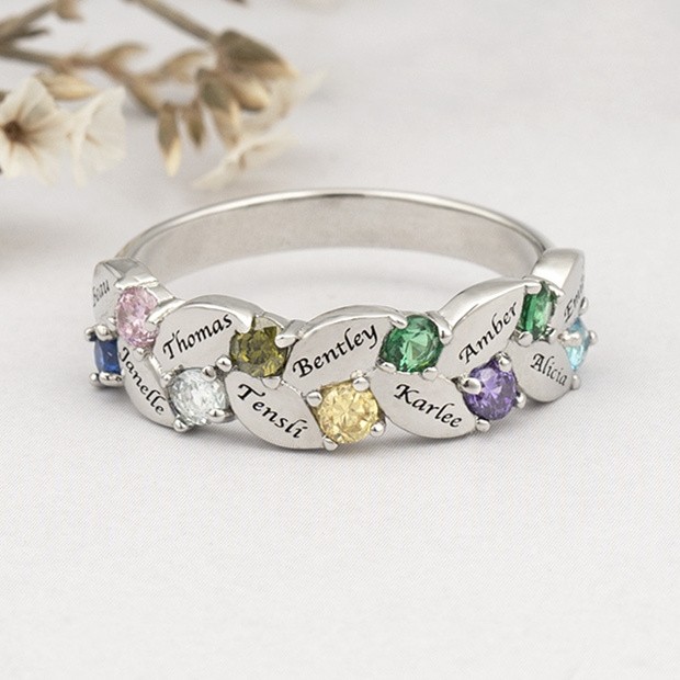 S925 Silver Personalized Heart Birthstone Ring Family Ring Gift With 1-9 Names