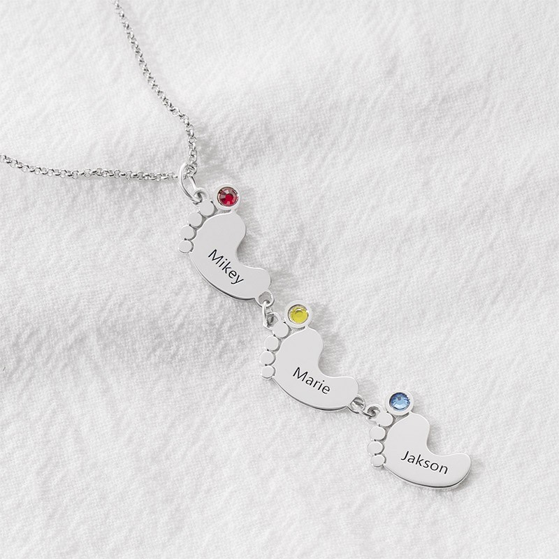 Silver Vertical 1-10 Baby Feet Charms Personalized Name Necklace with Birthstone