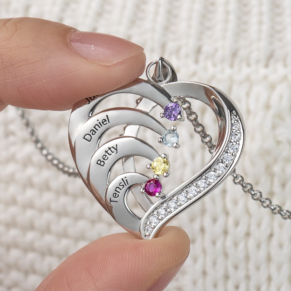 Personalized 1-6 Name Heart Necklace With Birthstone