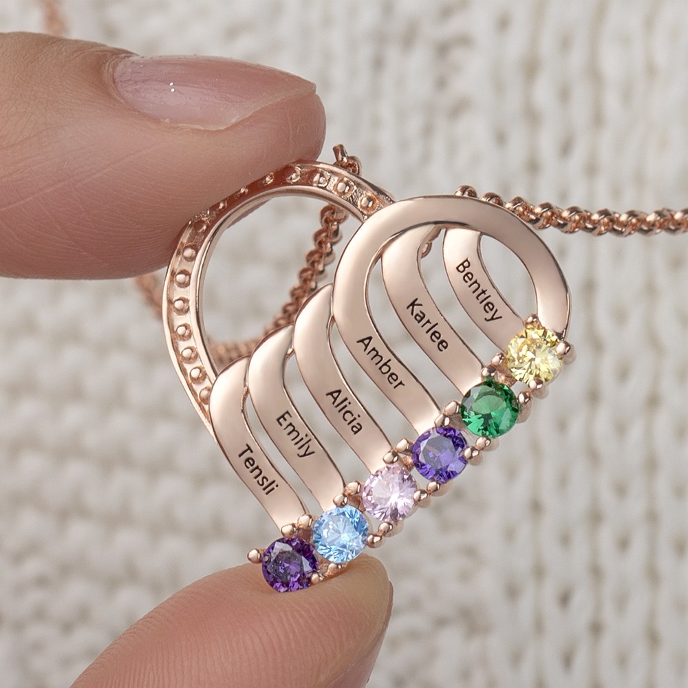 Personalised 1-6 Name Heart Necklace With Birthstone