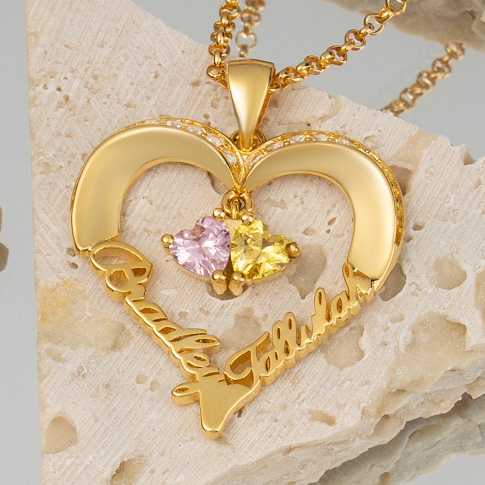 Personalised Heart Necklaces With 2 Name and Birthstone For Soulmate Girlfriend Valentine's Day