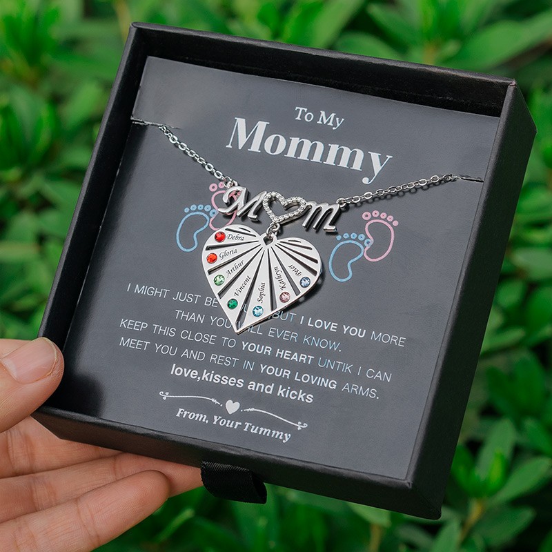 Personalized 1-8 Engraving Family Name Heart Necklace With Birthstone To My Mom Gift