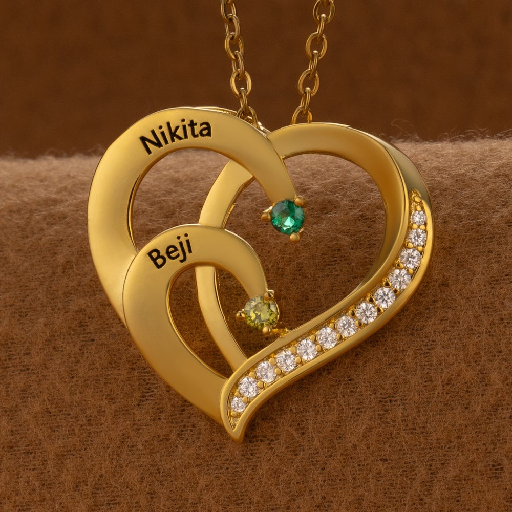 Personalised Couple Names Heart Necklace With Birthstones Valentine's Day Gifts