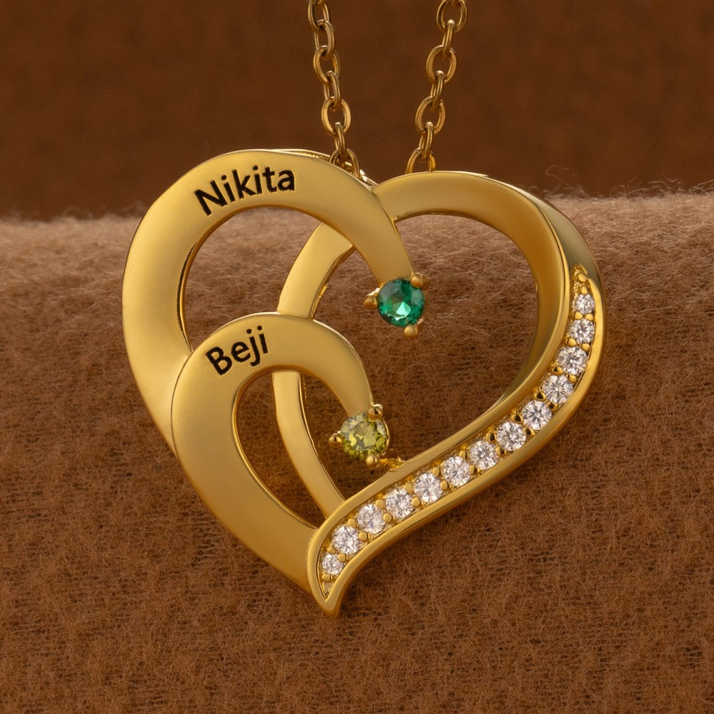 Personalised Couple Names Heart Necklace With Birthstones Valentine's Day Gifts