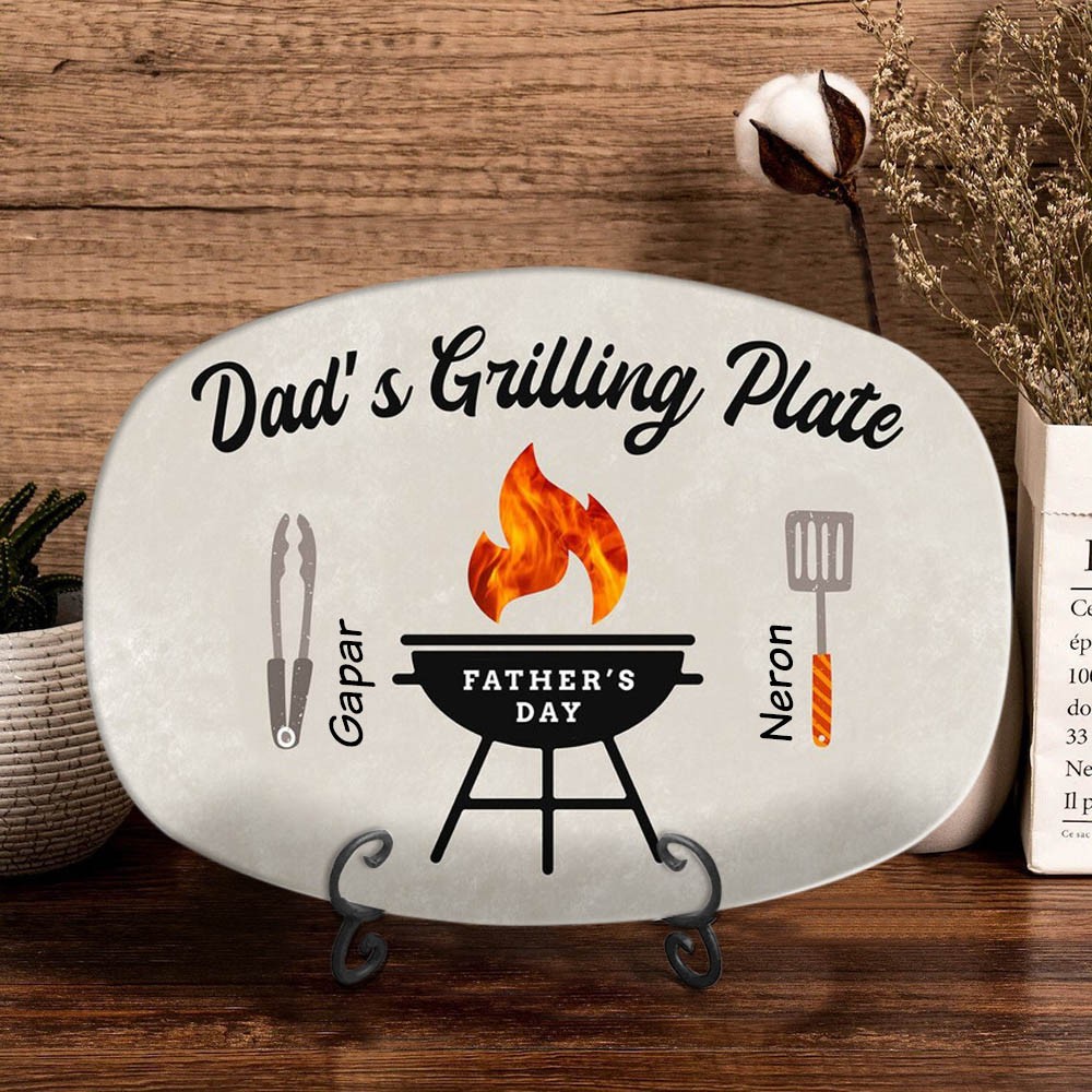 Personalized BBQ Dad Plate With Kids Name Daddy's Grilling Platter For Father's Day