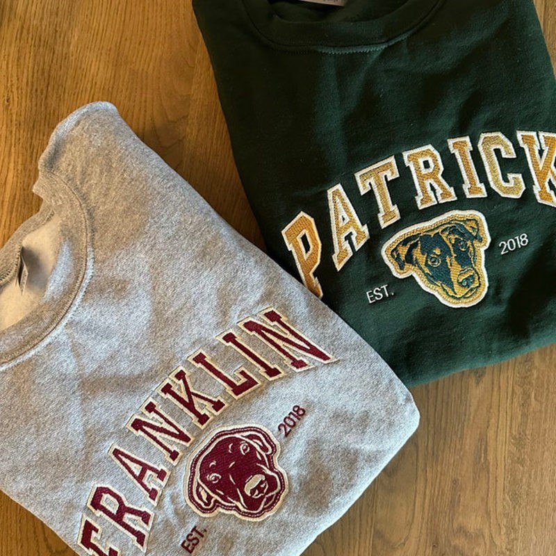 Custom Embroidered Dog Face Varsity Style Sweatshirt With Name For Pet Lover Gifts