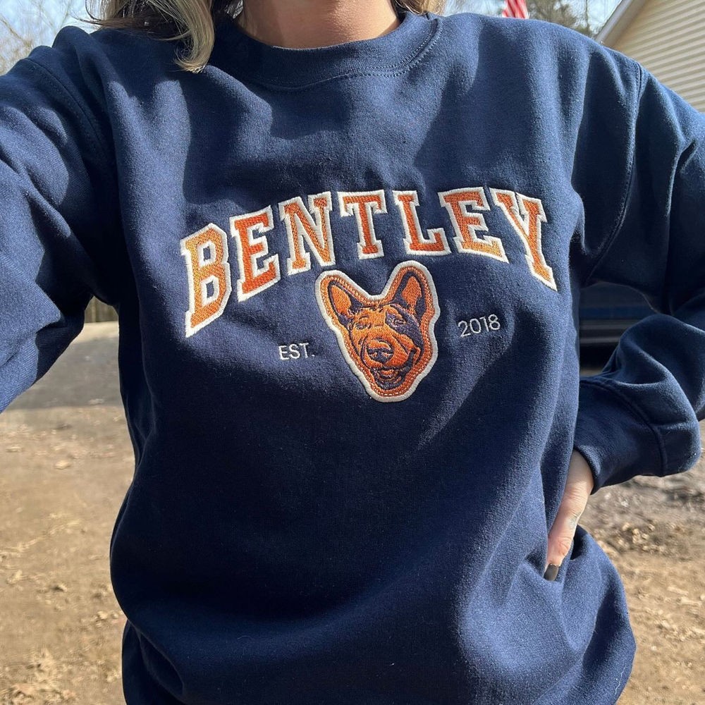 Custom Embroidered Dog Face Varsity Style Sweatshirt With Name For Pet Lover Gifts