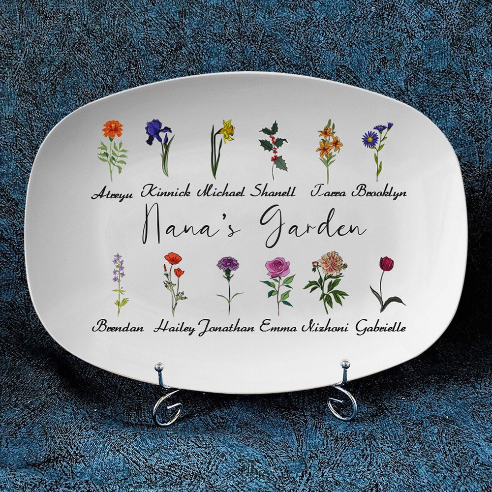 Personalized Grandma's Garden Platter With Grandkids Name and Birth Flower For Mother's Day