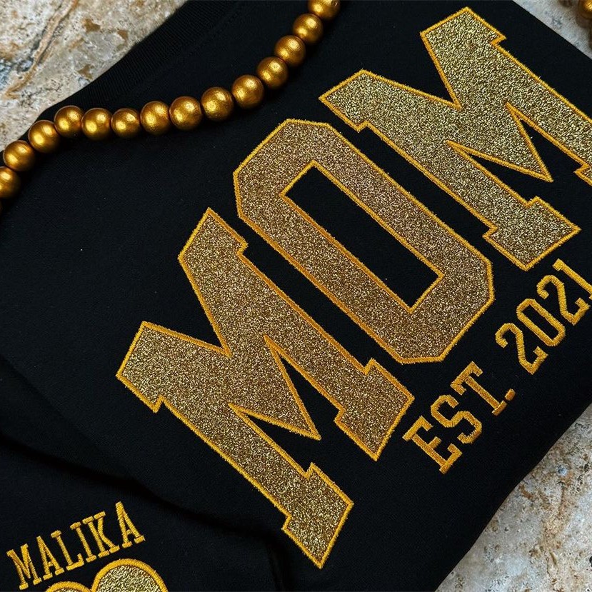 Custom Embroidered Glitter Mama Sweatshirt with Kids Names on Sleeve For New Mum Mother's Day Gift