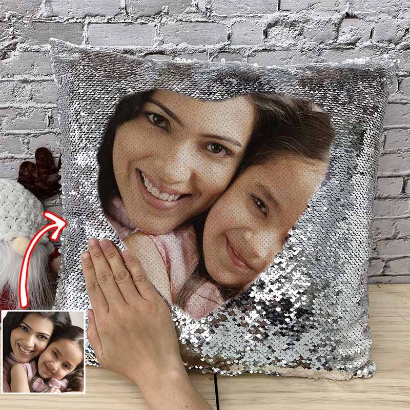 Personalized Silver Sequin Photo Pillow For Mother's Day