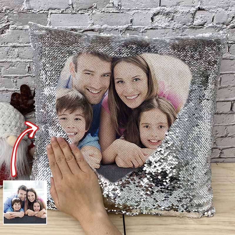 Personalized Silver Sequin Photo Pillow For Family