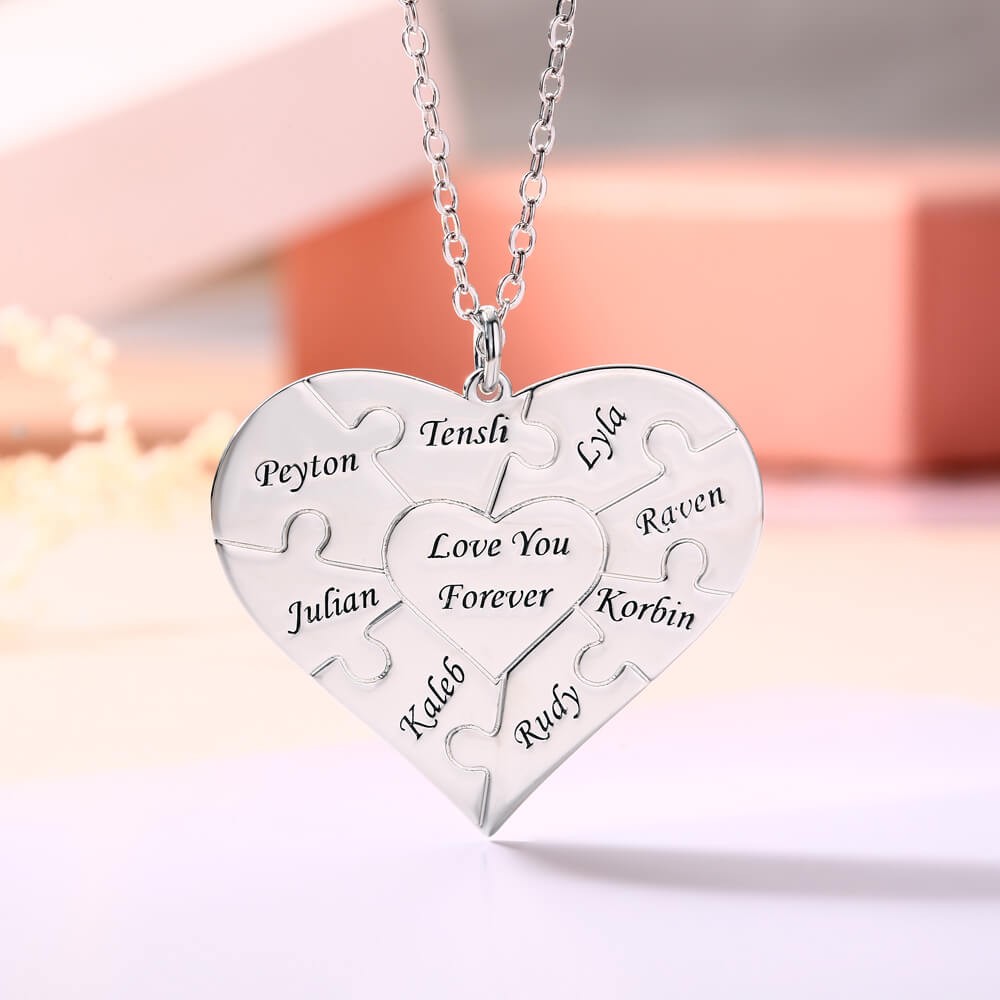 Silver Personalized Heart Puzzle 1-12 Names Necklace