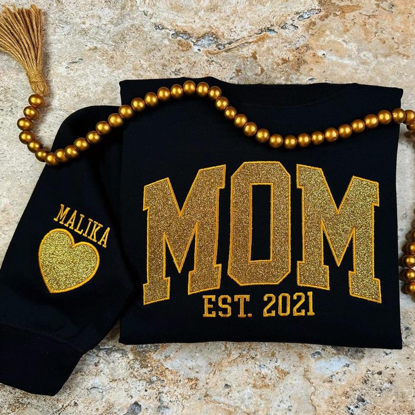 Custom Embroidered Glitter Mama Sweatshirt with Kids Names on Sleeve For New Mum Mother's Day Gift
