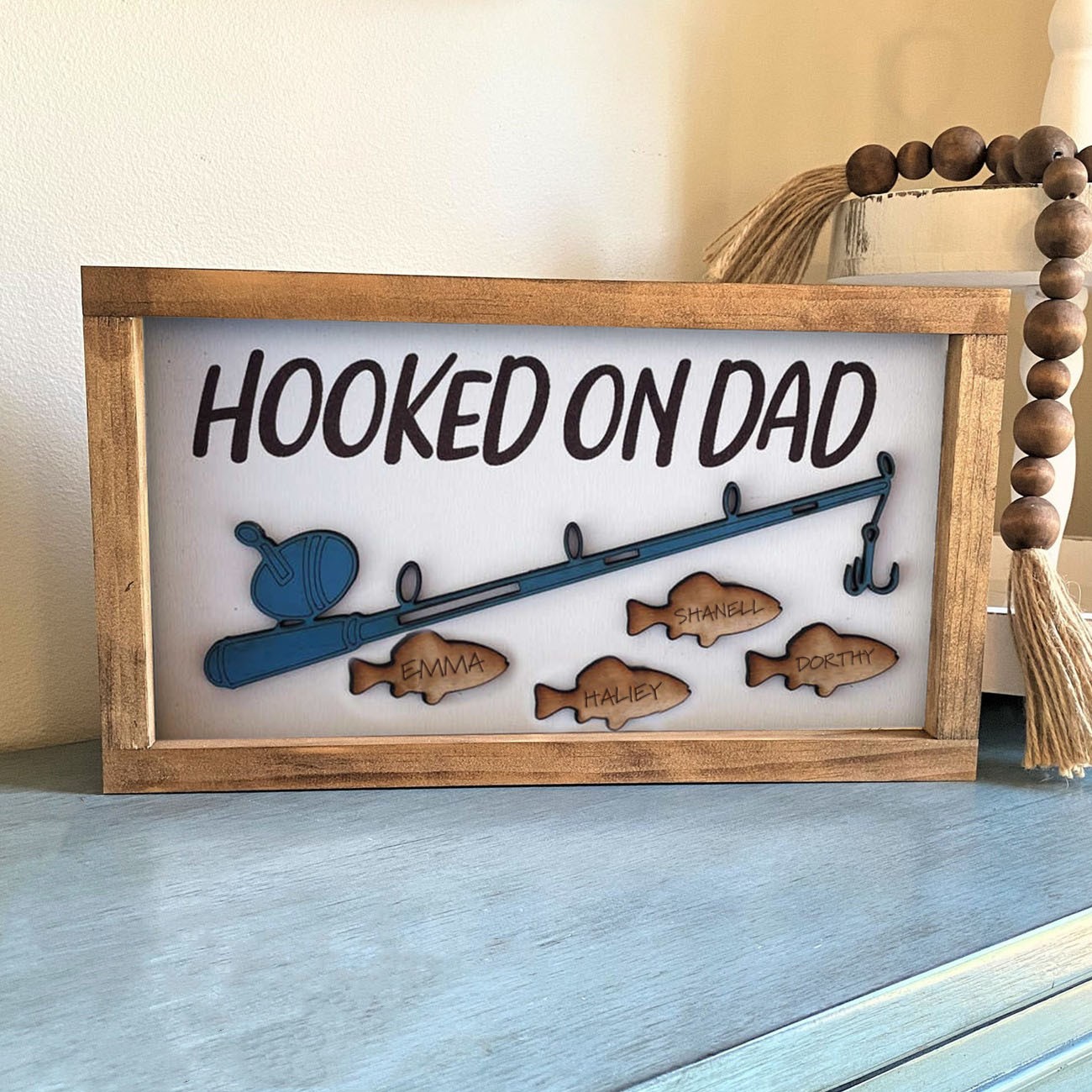 Hooked on Dad Personalized Fishing Frame With Kids Name For Father's Day